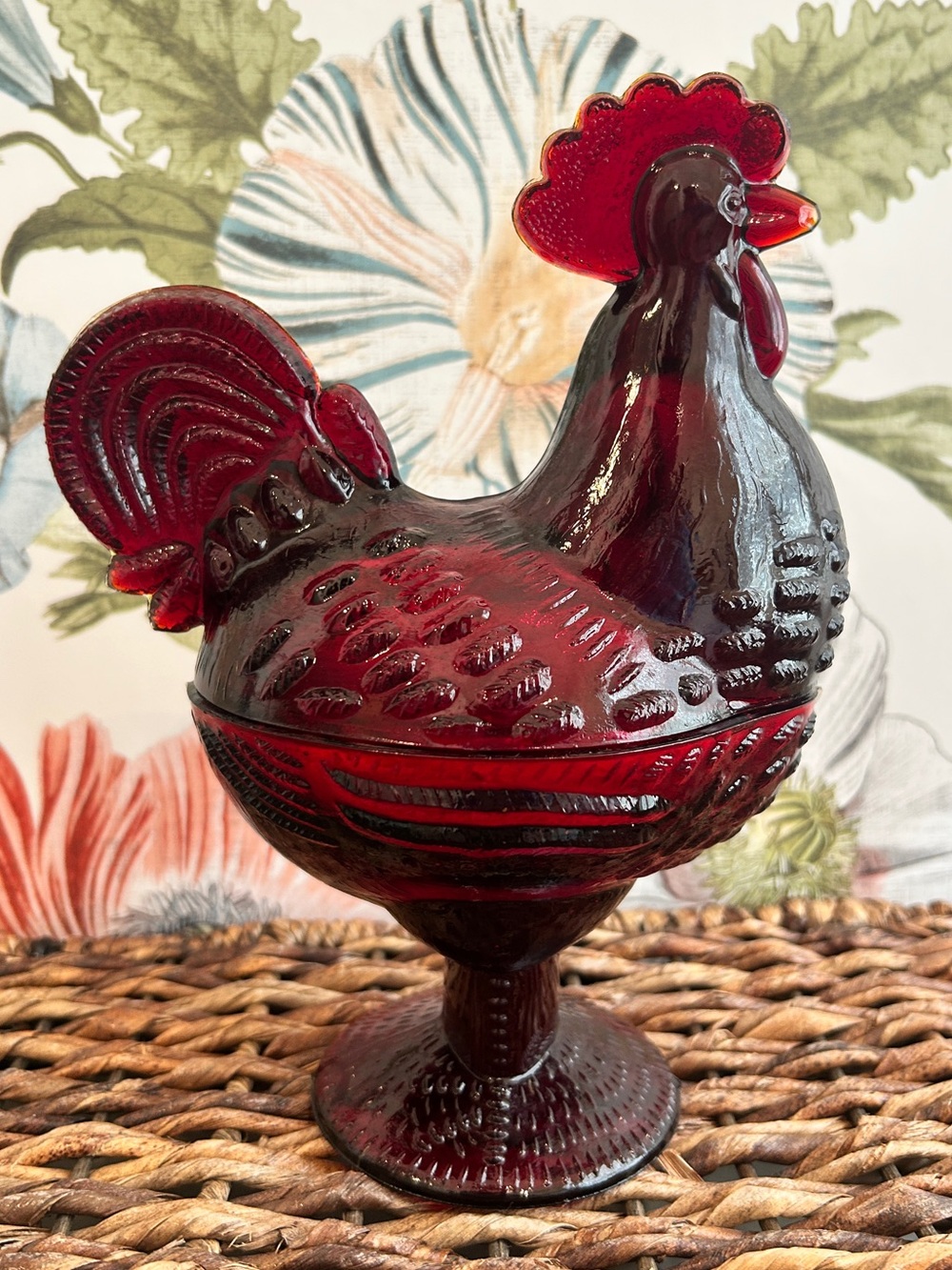 Ruby Red Glass Rooster Covered Dish Farmhouse Kitchen Decor Candy Trinket Box